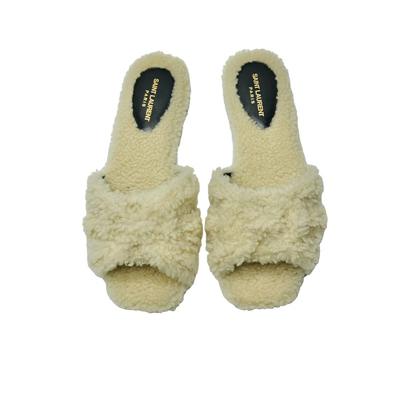 NIB Saint Laurent YSL Tribute EU 38 US 8 Slip On Flat Sandals Beige Shearling - Picture 3 of 10